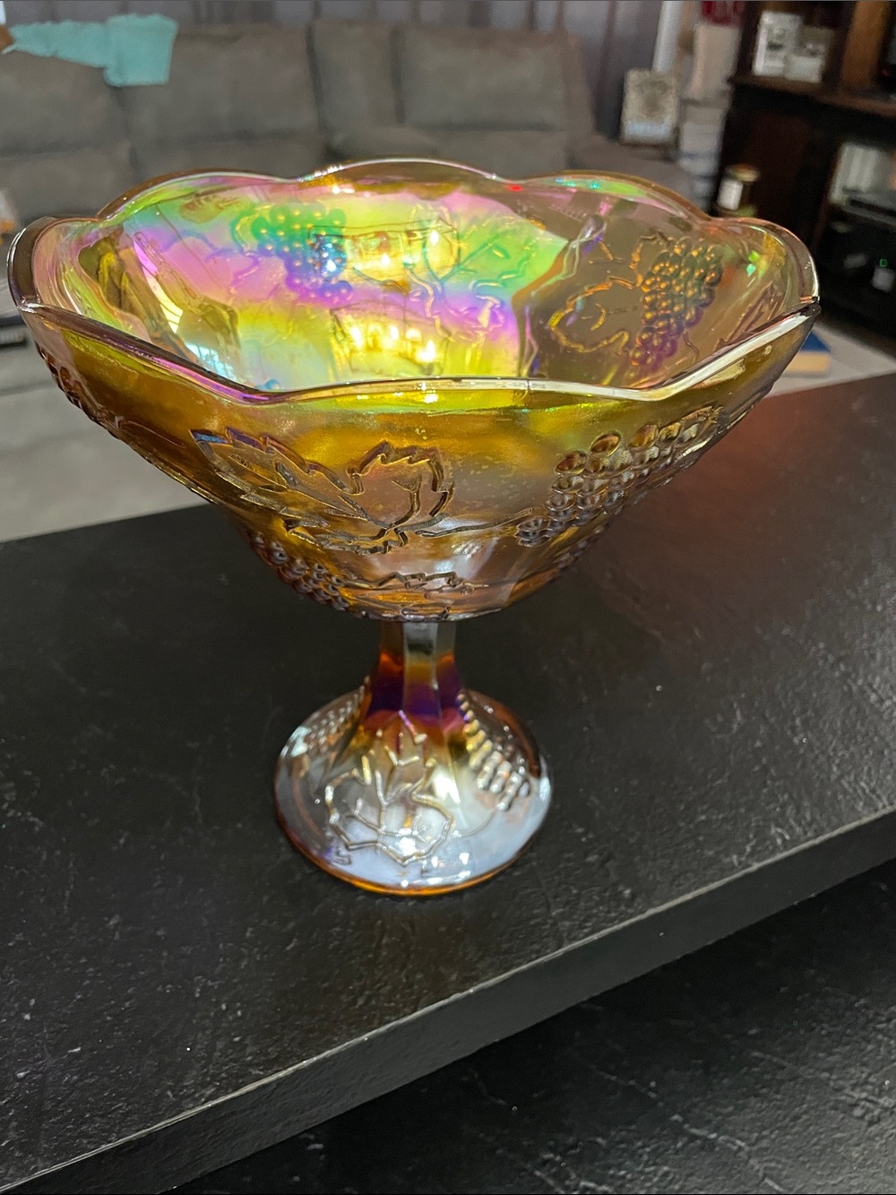 Indiana Glass Iridescent Carnival Glass Compote Bowl - Grape Multicolor